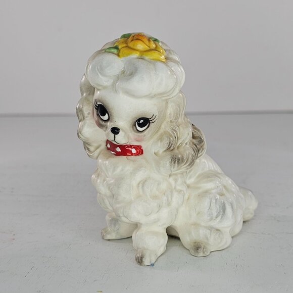 Vintage Josef Originals Ceramic Poodle Figurine Red Collar Yellow Flower - Picture 8 of 8